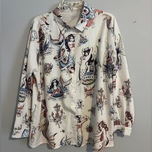Women’s Tattoo Print Button Down Shirt - 1XL